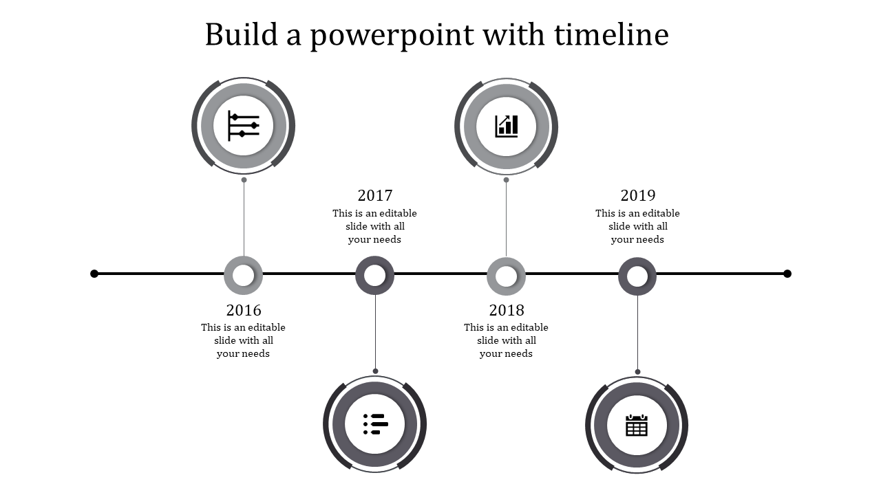 A gray and black timeline PPT slide for the years 2016 to 2019, featuring circles with icons and placeholder text.