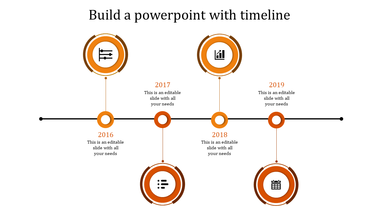 Timeline infographic with four orange circular icons, milestone labels, and a connected horizontal line.