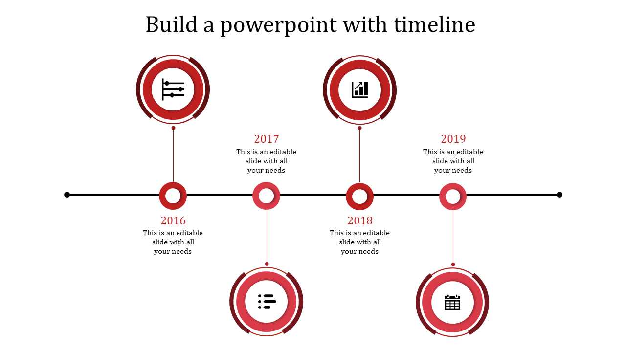 Business timeline infographic with multicolored circular markers, icons inside rings, and placeholders text areas.