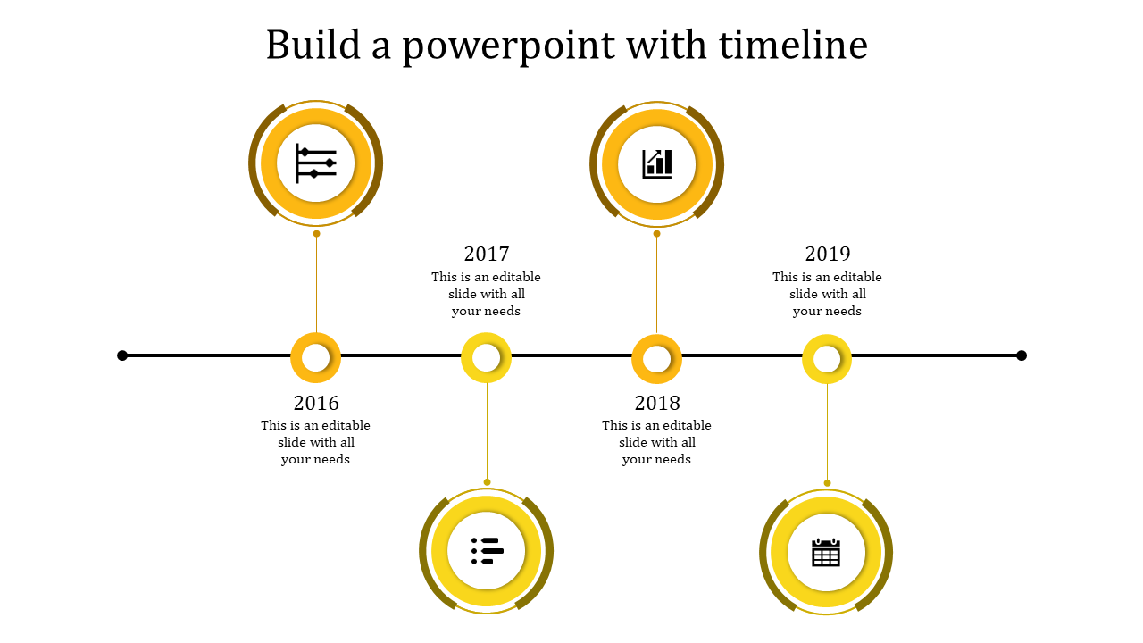 Timeline with four yellow circular icons, on a black horizontal line, and text labels for year from 2016 to 2019.