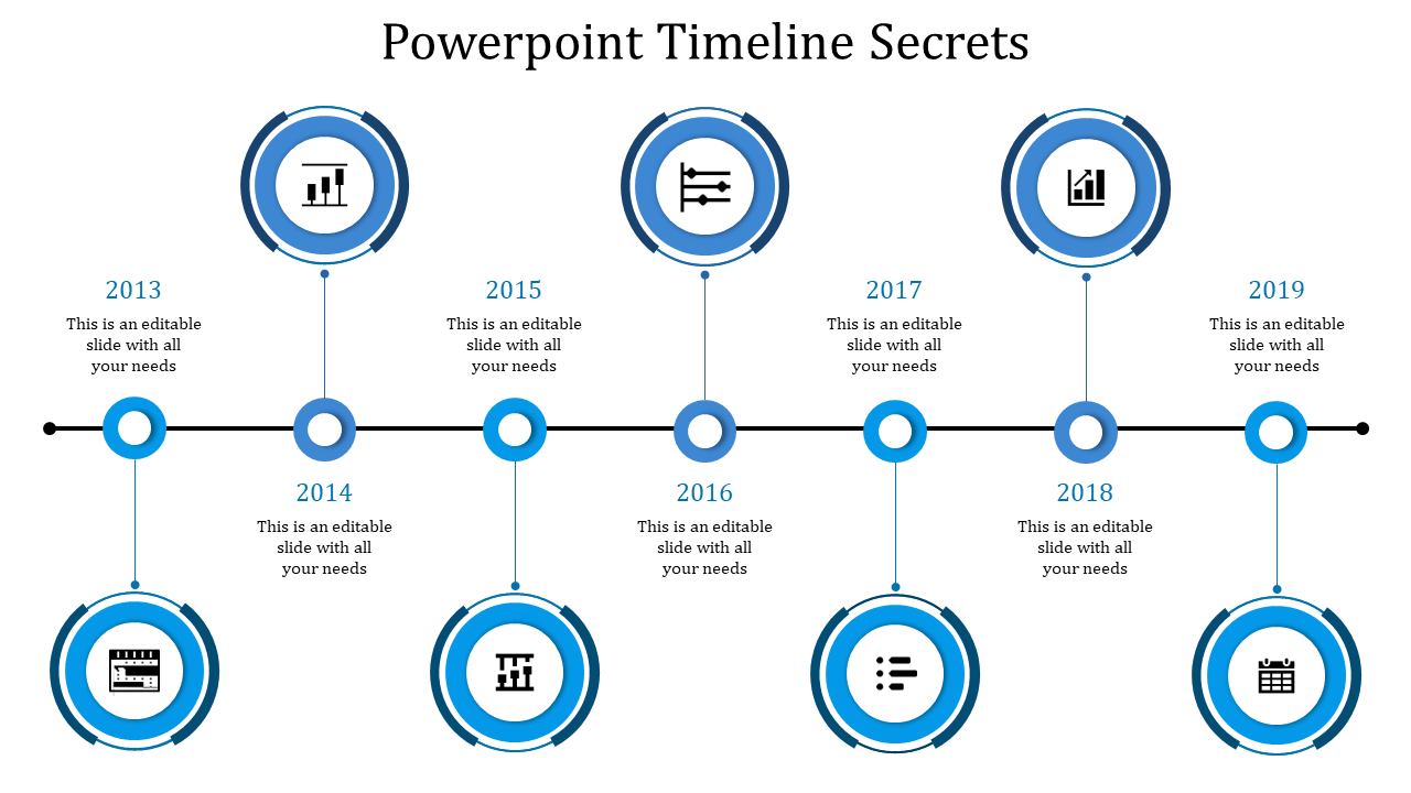 A blue themed timeline PPT slide for the years 2013 to 2019, with icons representing various business milestones with text.