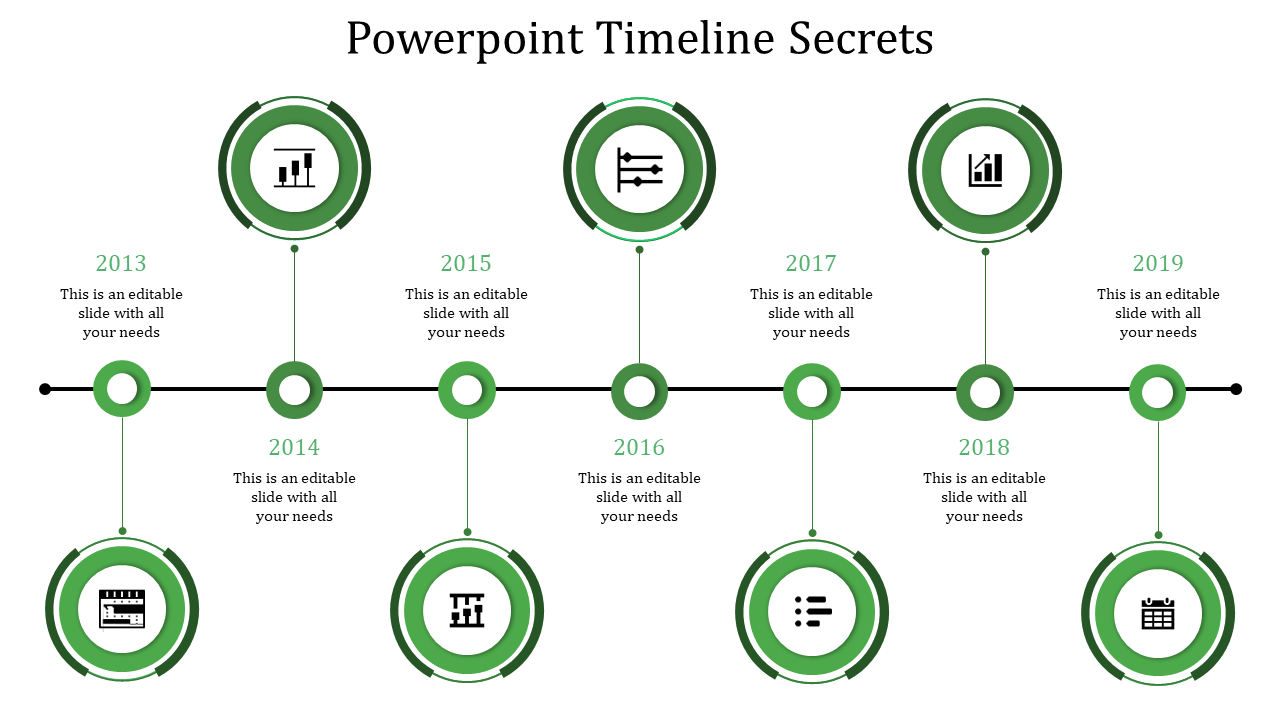 Red themed timeline from 2016 to 2019, featuring circular milestones with icons and alternating placeholder text areas.