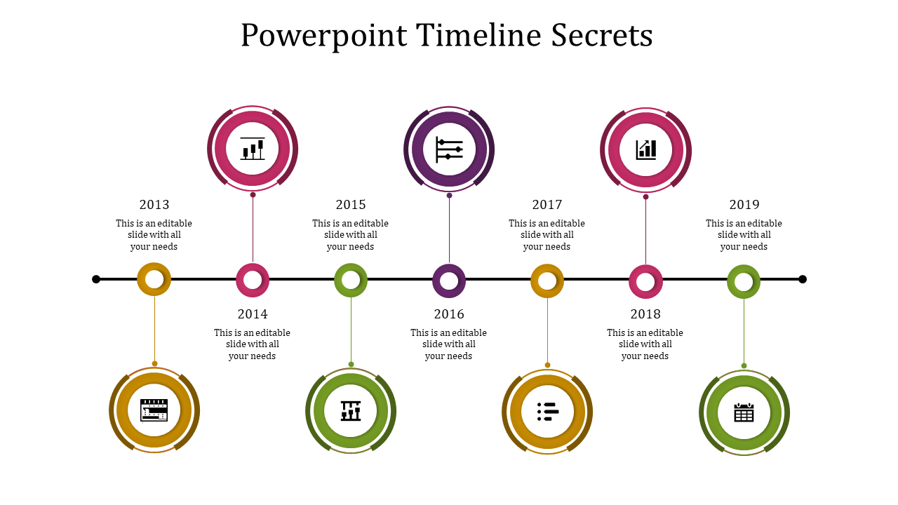A colorful timeline PPT template spanning 2013 to 2019, with circles representing business milestones and related icons.