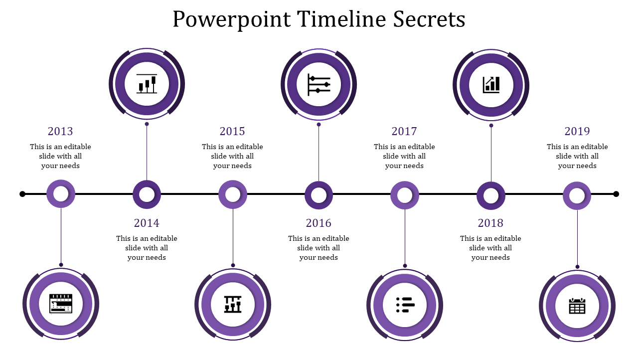 Business timeline infographic with green circular markers, icons inside rings, and  placeholders text areas above. 