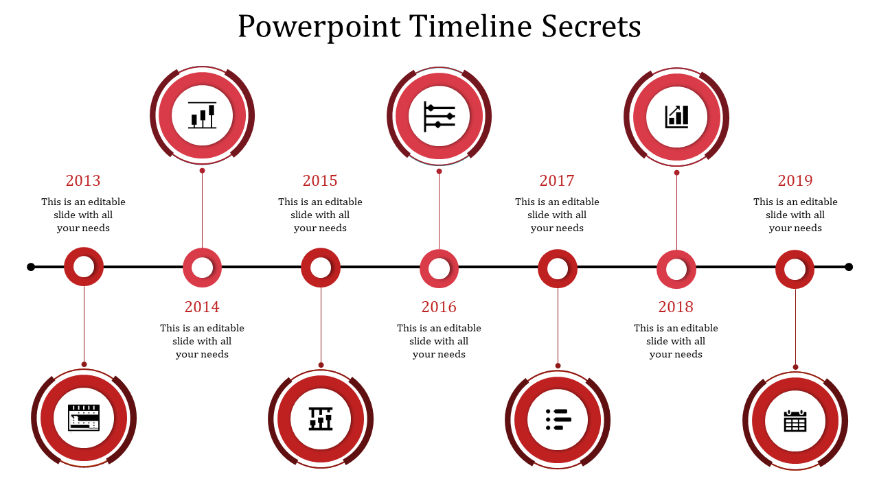 A timeline PPT template with circular markers for each year, from 2013 to 2019, with business related icons and text area.