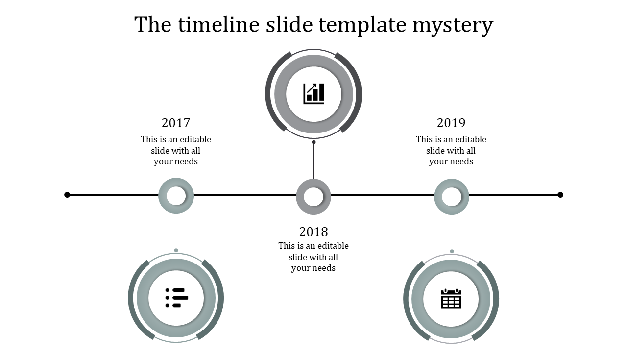 Timeline design with gray circular elements connected by a black horizontal line, marking milestones from 2017 to 2019.