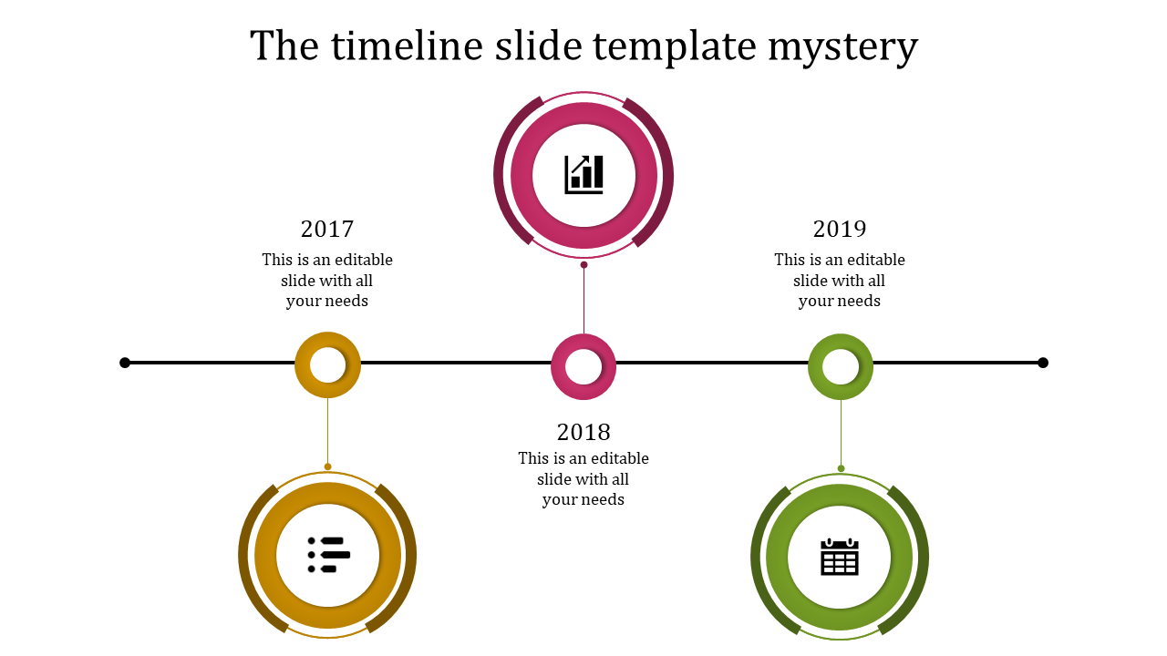 Horizontal timeline with circular markers in yellow, red, and green, highlighting milestones from 2017 to 2019 with icons.