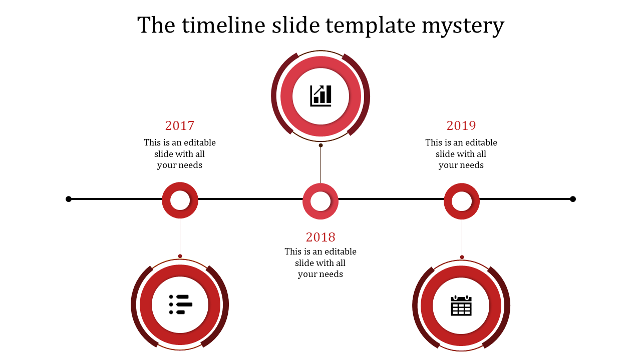 Horizontal timeline with red circular markers for 2017, 2018, and 2019, featuring icons, in a minimalist design.