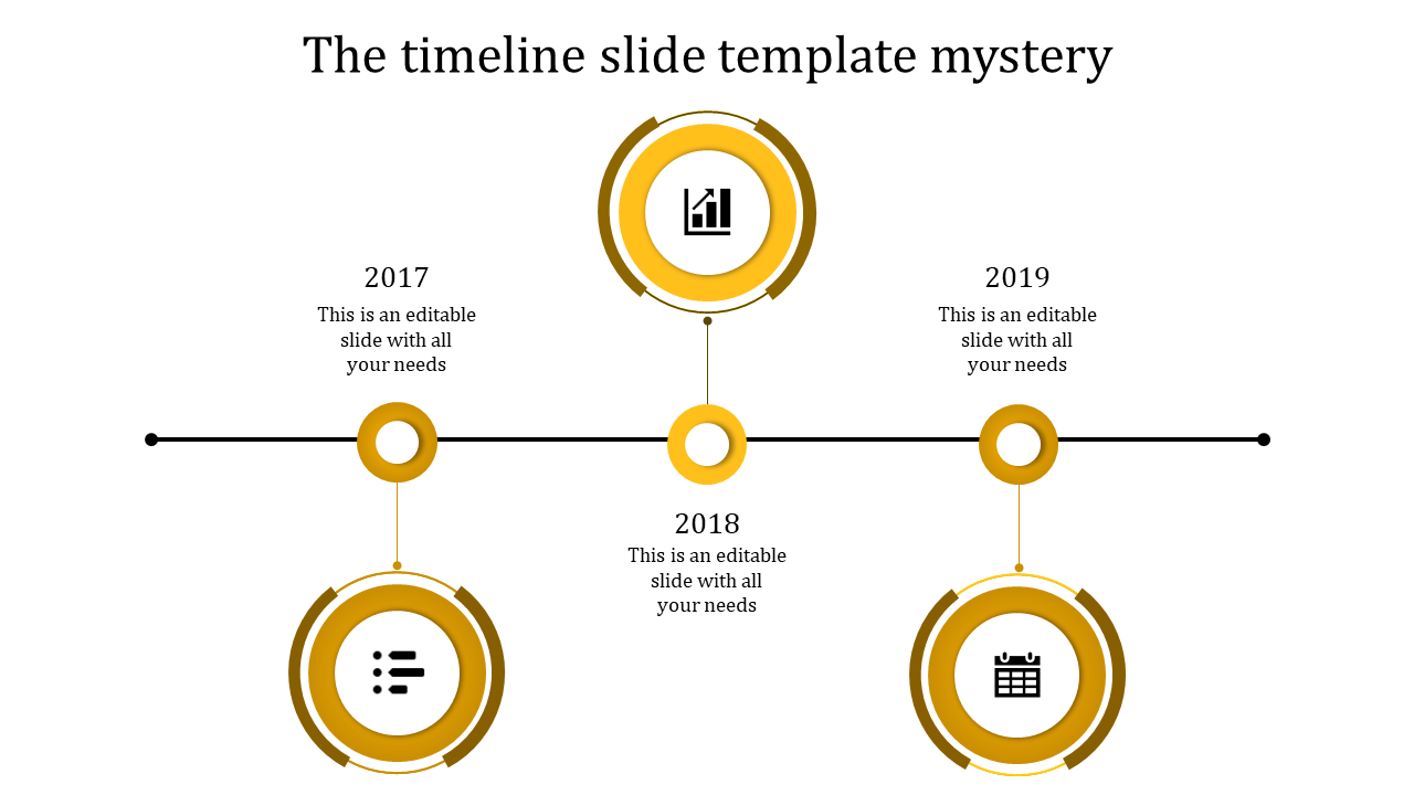 A timeline PPT template from 2017 to 2019, featuring milestones with yellow color icons and placeholder text.