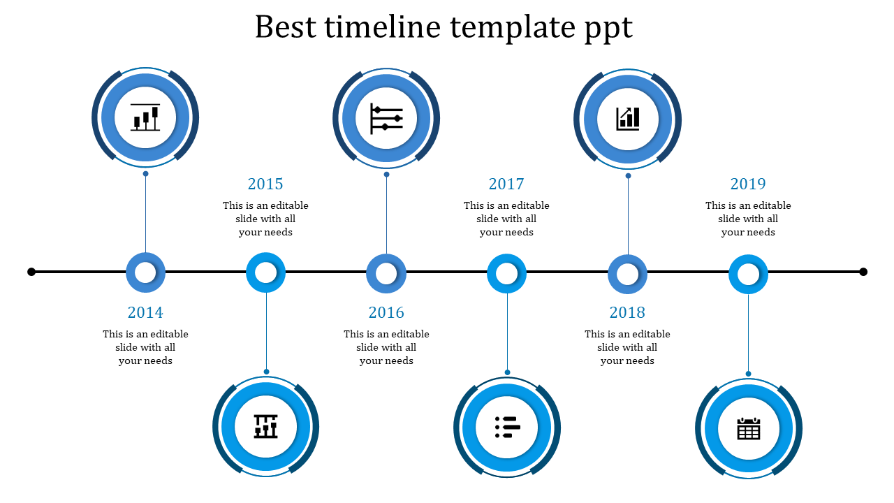 Business timeline infographic with green circular markers, icons inside rings, and placeholders text above. 