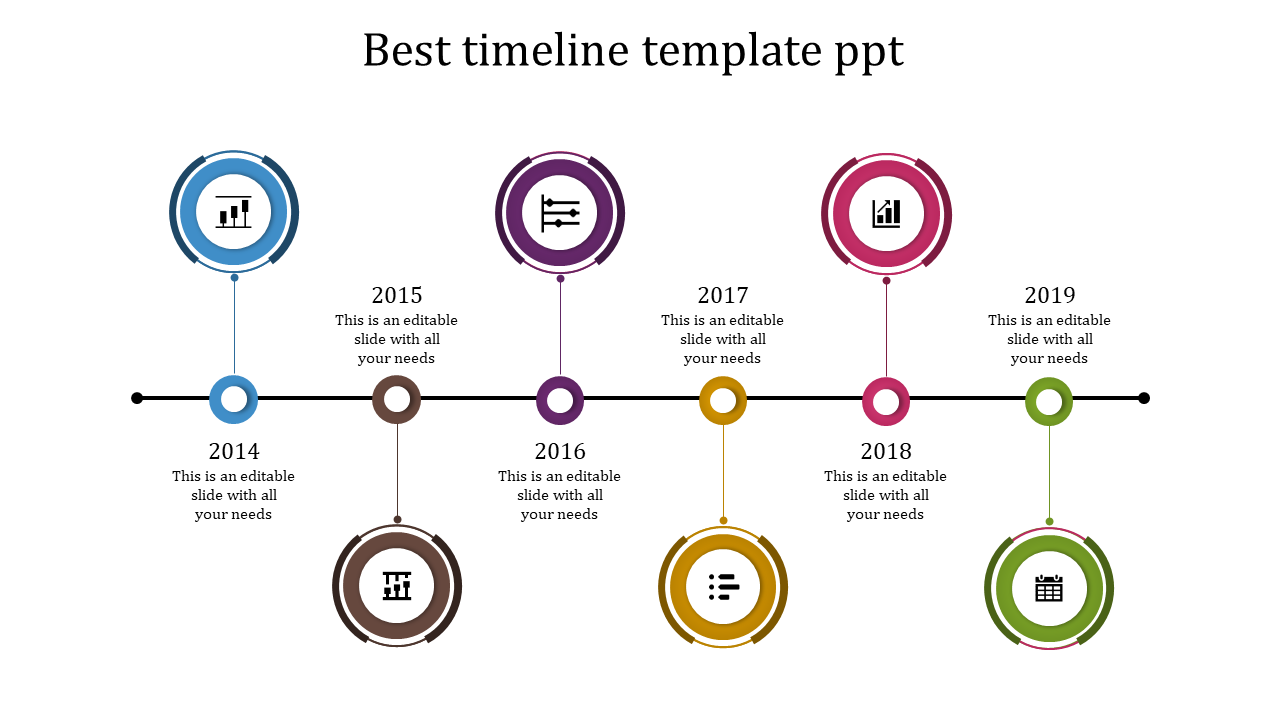 Minimalist horizontal timeline spanning 2014-2019, with blue milestone markers, icons, and placeholder text areas.
