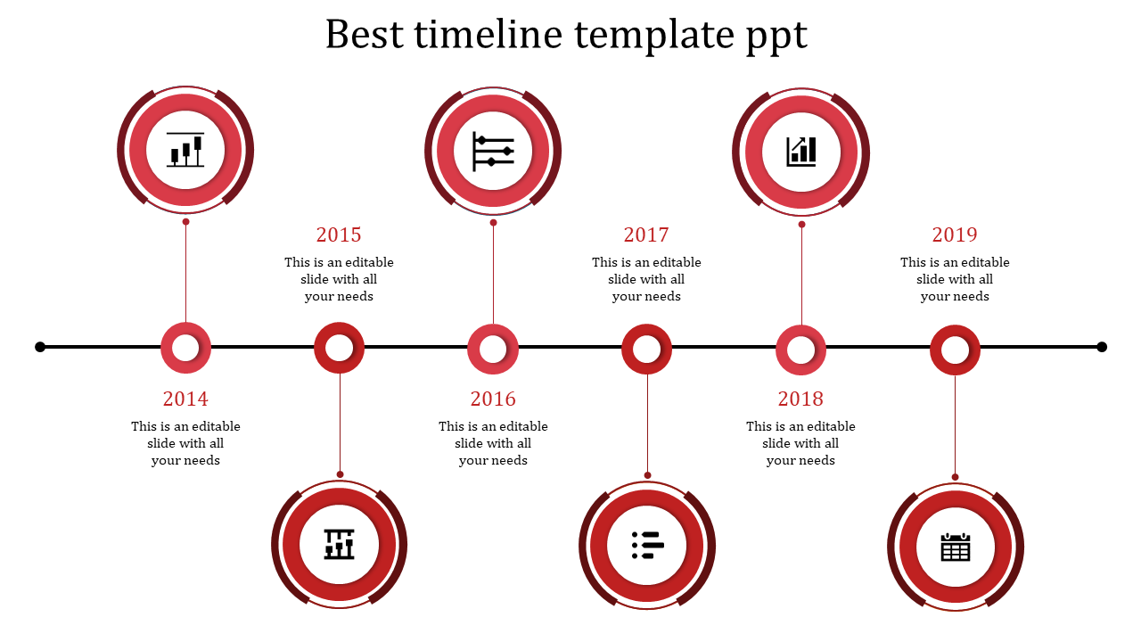 Modern timeline infographic with color-coded circular milestones, icons, and placeholder text arranged alternately.