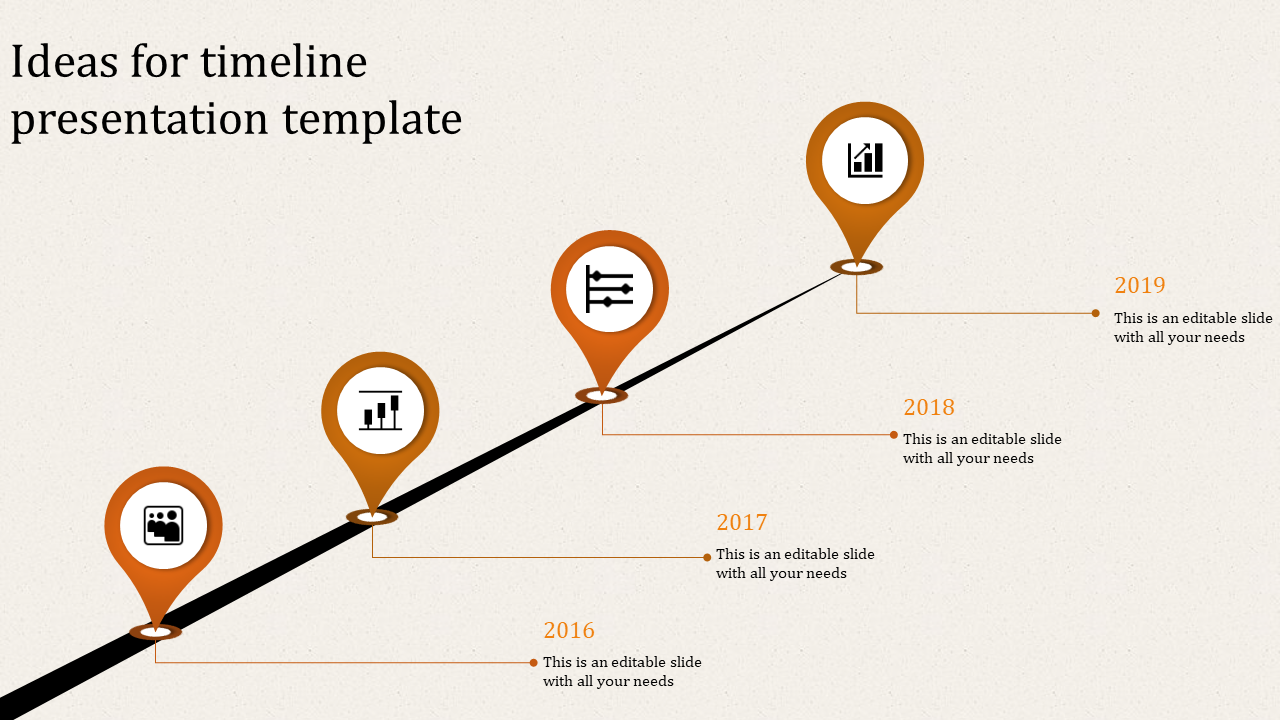 Timeline slide with four orange map pins, featuring year markers and icons along an ascending black path.