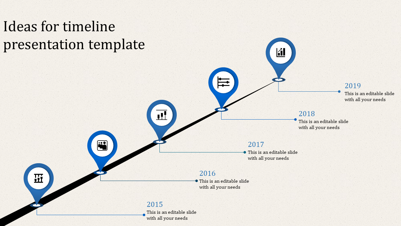 Five blue location pin markers on an upward timeline, showing key years with icons and text descriptions.