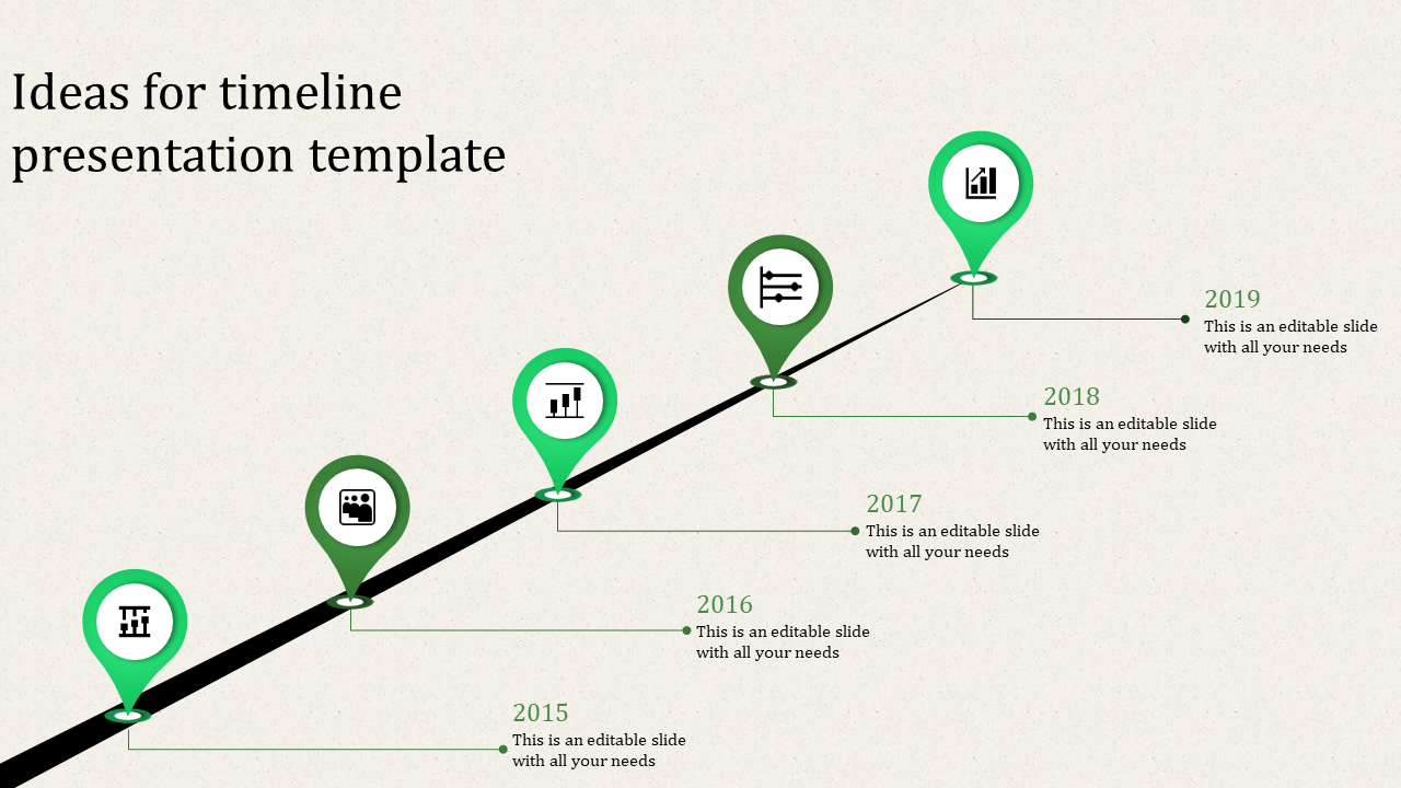 Timeline PowerPoint template with green location pins for 2015 to 2019, each containing an icon and caption.