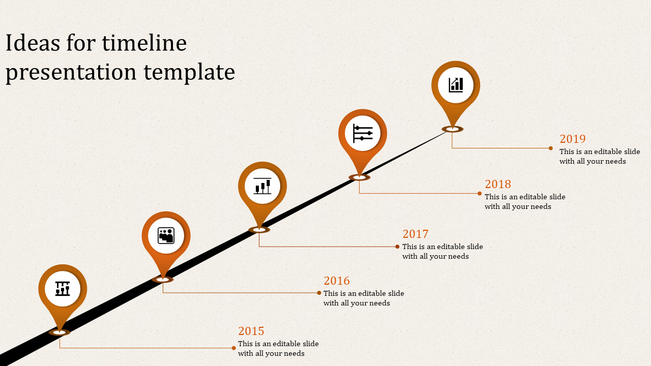 Timeline PowerPoint template with orange location pins for 2015 to 2019, each containing an icon and caption.
