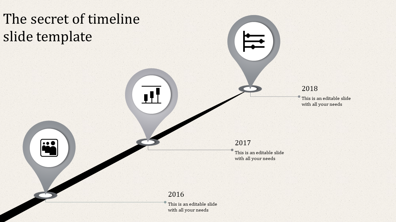 Gray gradient timeline featuring three map pin style markers for 2016, 2017, and 2018, aligned on a diagonal path.