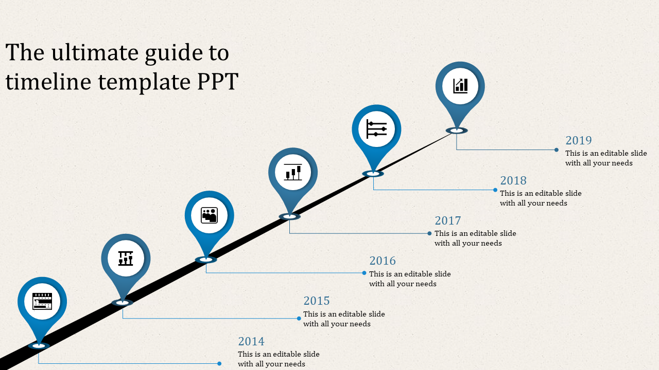 Timeline PowerPoint slide with milestones from 2014 to 2019, each year marked by a blue location pin with an icon.