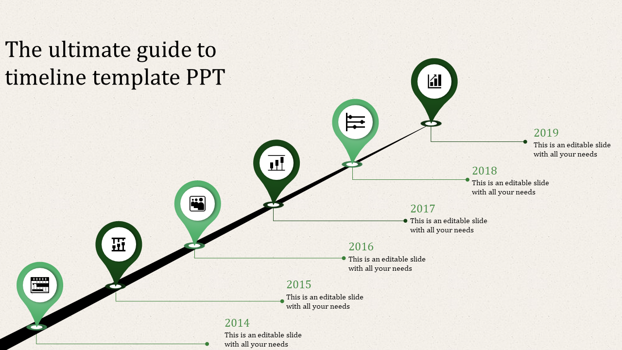 Timeline slide with six green markers placed on an angled black line, tracking progress from 2014 to 2019.