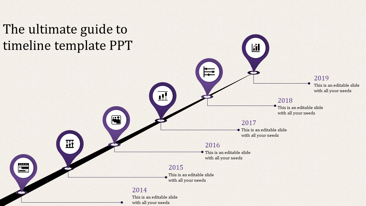 Purple timeline infographic with location pins marking milestones from 2014 to 2019 along an ascending black path.