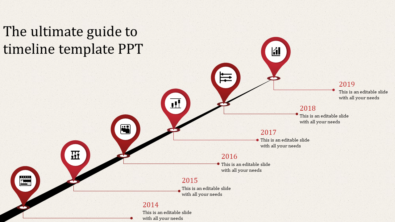 Timeline PowerPoint slide with red location pins marking years from 2014 to 2019, each containing a caption.