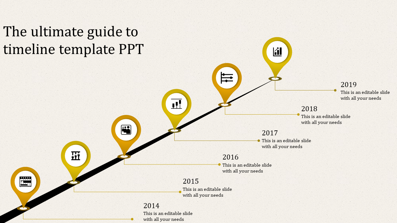 Professional timeline slide with floating 3D orange hexagons, labeled from 2012 to 2019, connected with arrows and captions.