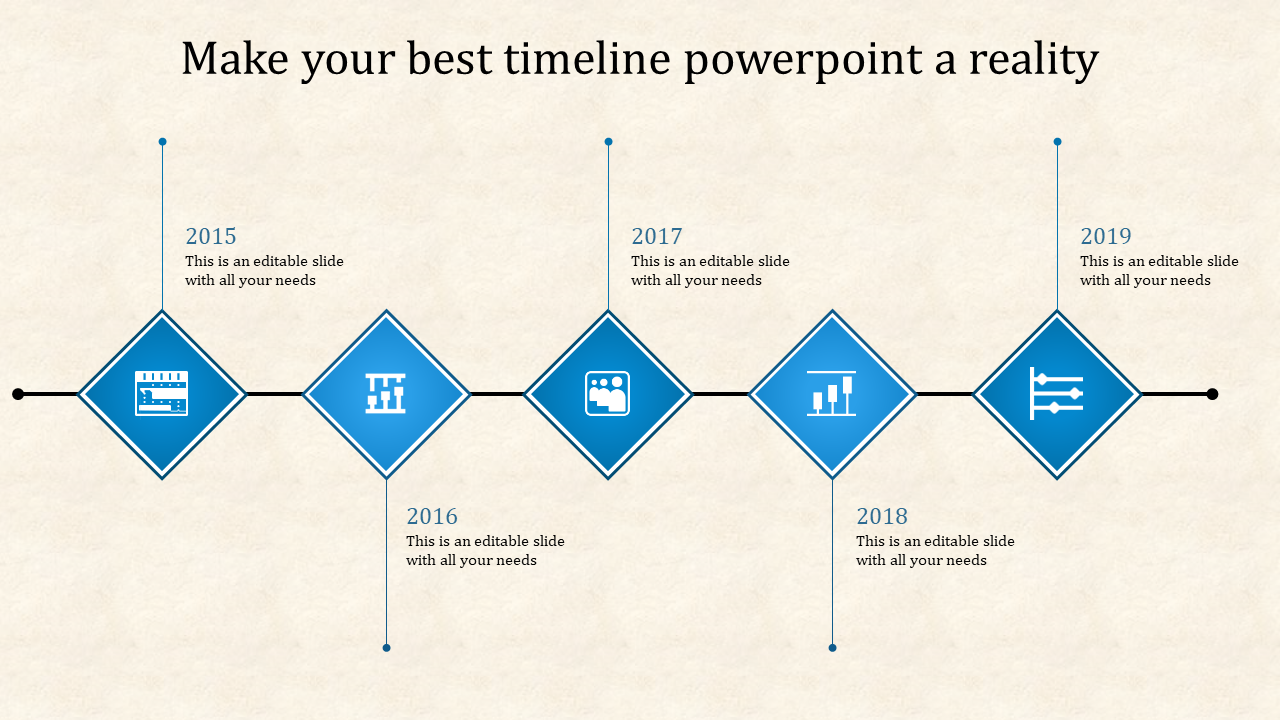 Linear timeline featuring blue diamond nodes with data visualization icons spanning five years from 2015-2019.