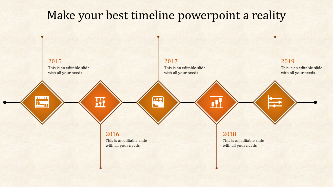 Elegant timeline design with five diamond shaped orange milestones containing white business icons on beige background.