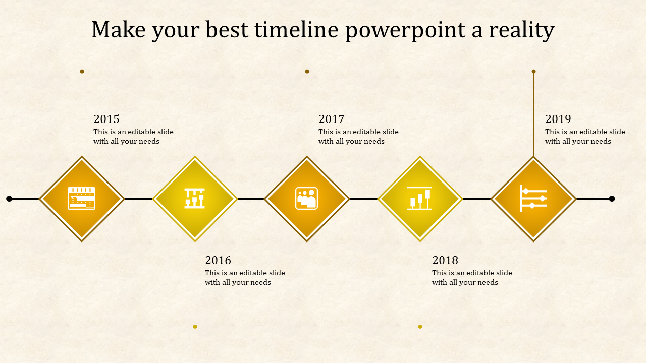 Business timeline with five interconnected yellow diamonds displaying analytical icons and year markers from 2015-2019.