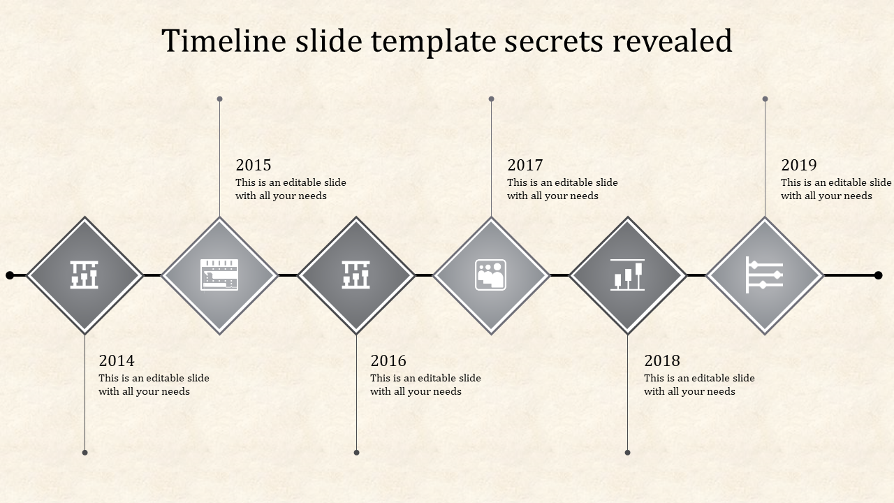 Six stage timeline with gray diamond icons representing different years, connected by a horizontal black line with placeholder text.