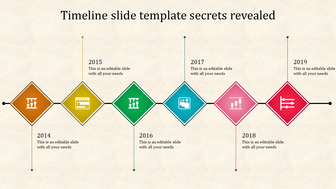 Horizontal timeline with diamond shaped markers in brown, yellow, green, blue, pink, and red, linked by a thin black line.