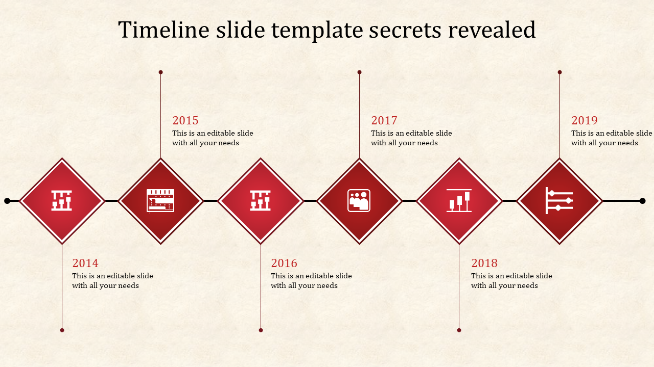Timeline slide with six red diamonds, on a black horizontal bar, and milestone indicators from 2014 to 2019.