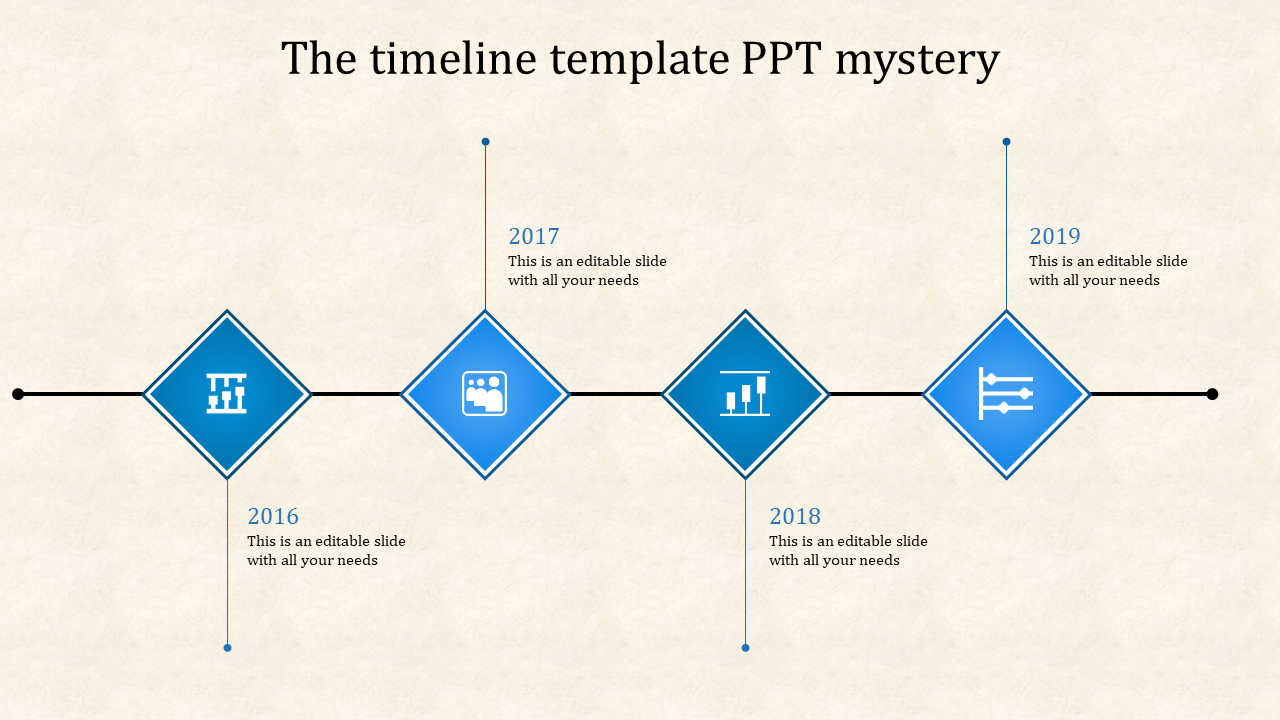 Timeline design featuring four blue diamond markers, with thin black connectors, and text on a light beige background.