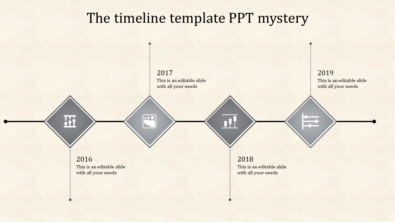 Modern timeline featuring four gray diamond elements, arranged sequentially along a horizontal path with placeholder text.