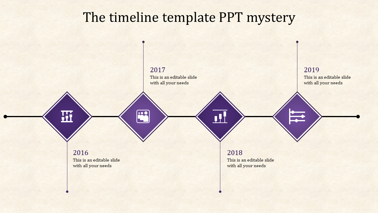Horizontal timeline from 2016 to 2019 with four purple diamond-shaped icons, each featuring business symbols.