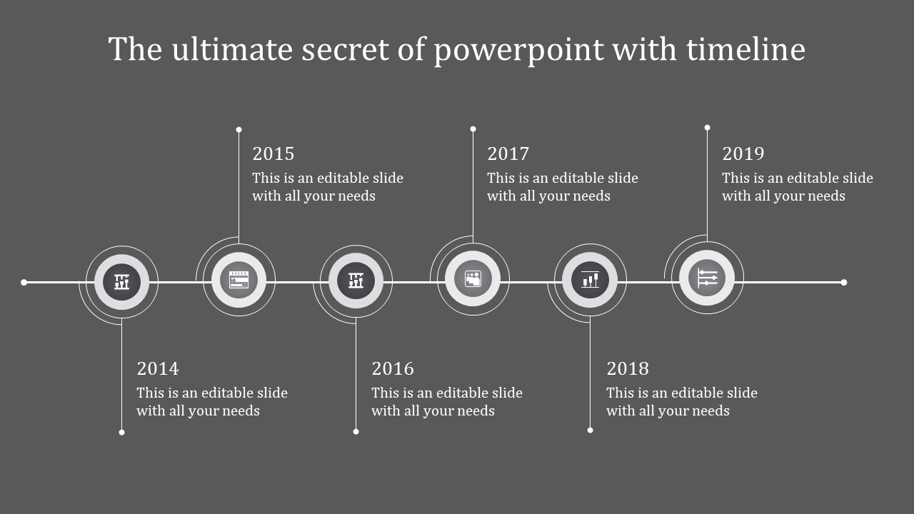 Timeline slide with six gray circular icons, connected by a horizontal white line with milestone labels from 2014 to 2019.