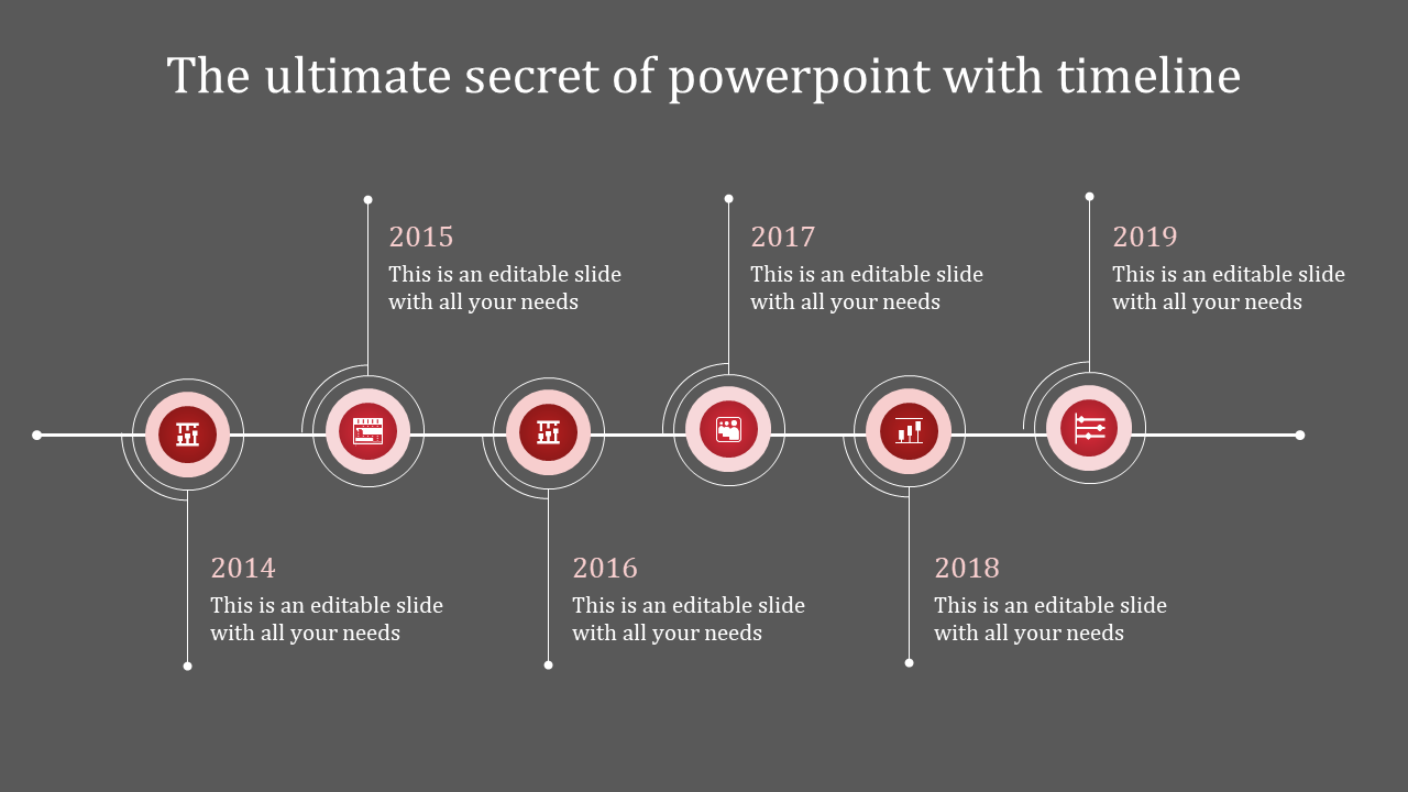 Dark themed horizontal timeline with six red highlighted circular icons, and text connected by a thin white line.