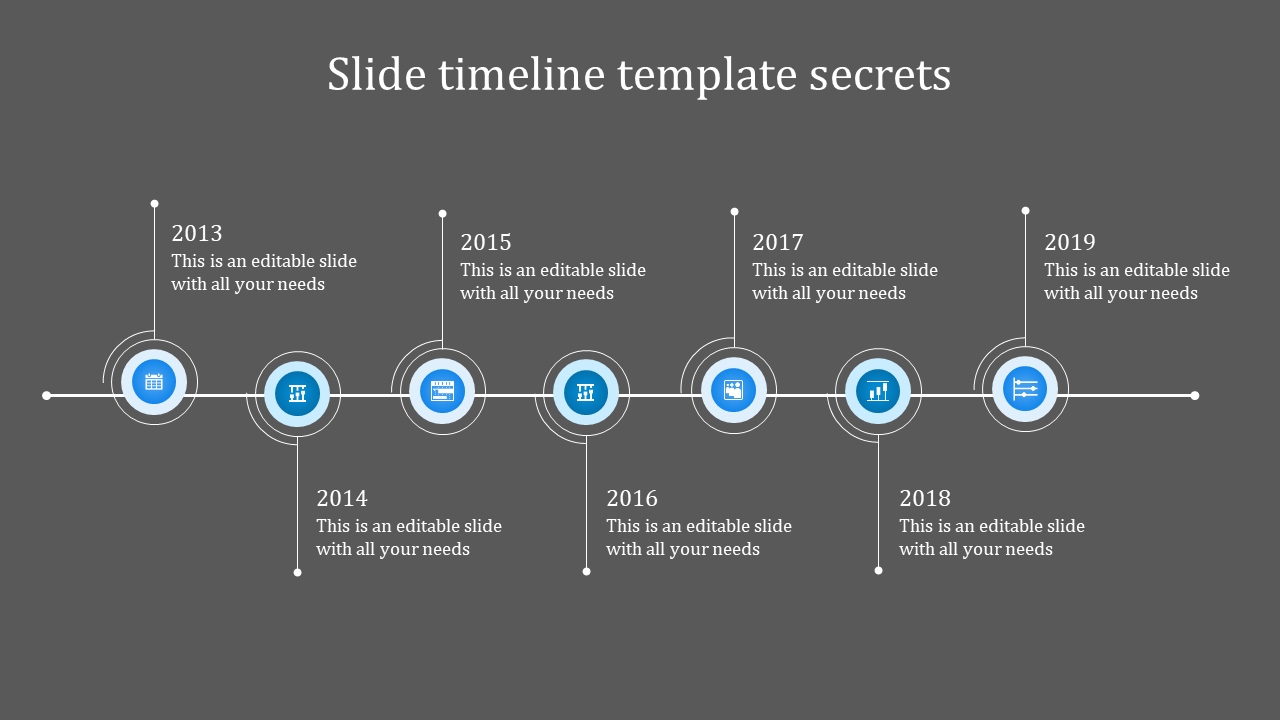 Horizontal timeline with five blue square icons with alternating caption areas positioned above and below the design.