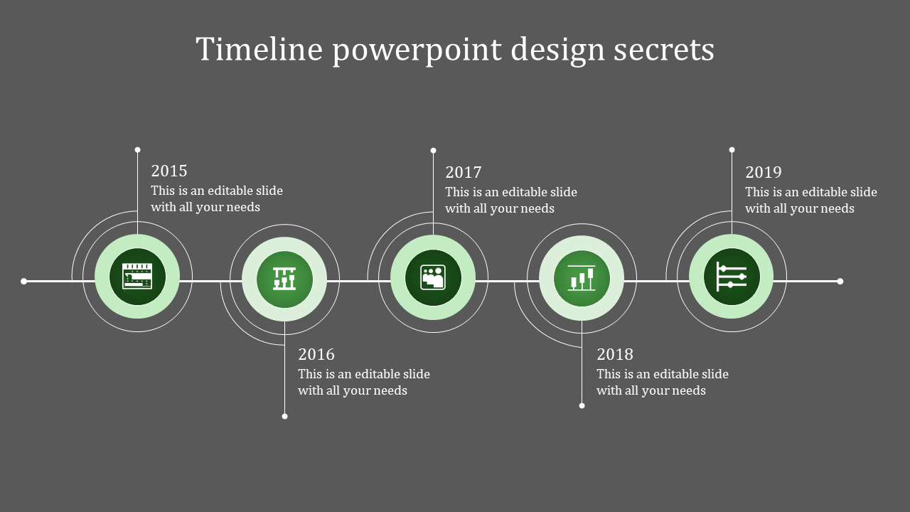 Horizontal timeline featuring five green circular markers with icons, connected by a thin line, with text placed alternately.
