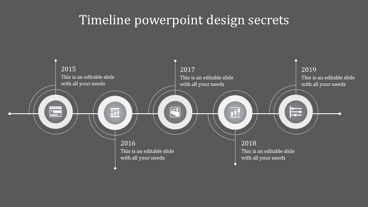 Timeline with five gray themed circular markers, black outlines, and milestone years from 2015 to 2019.