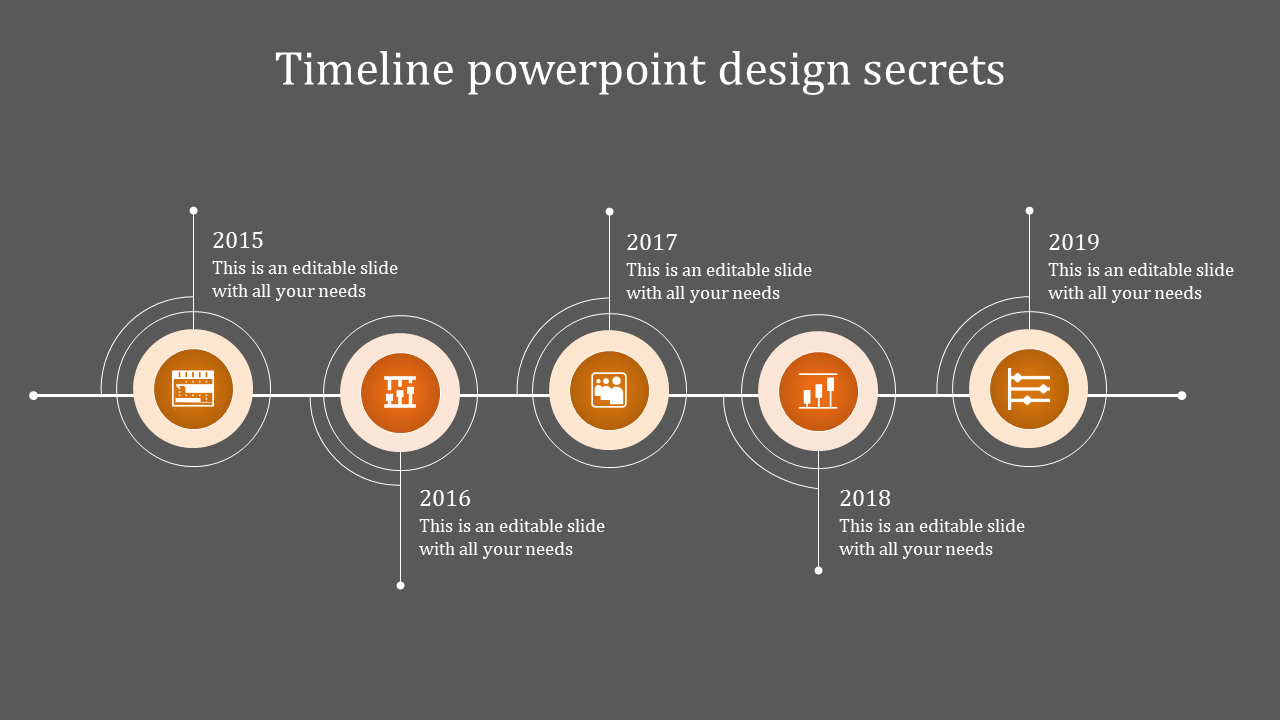 Horizontal timeline featuring five orange circular markers with icons, connected by a thin line, with caption areas.
