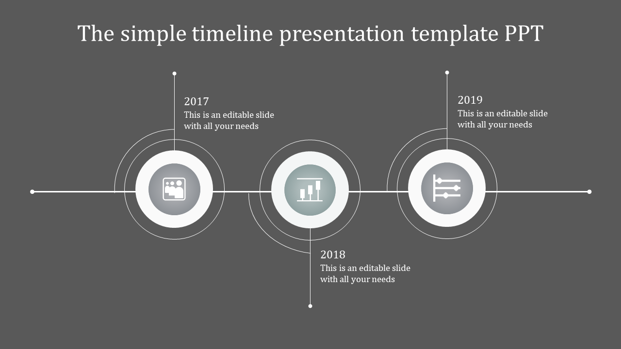 Horizontal timeline with three gray circular markers linked by a thin line, each containing an icon, with caption areas.