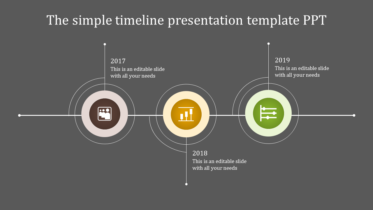 Minimalist timeline featuring three circular icons in brown, yellow, and green, linked by a thin line, with text labels. 