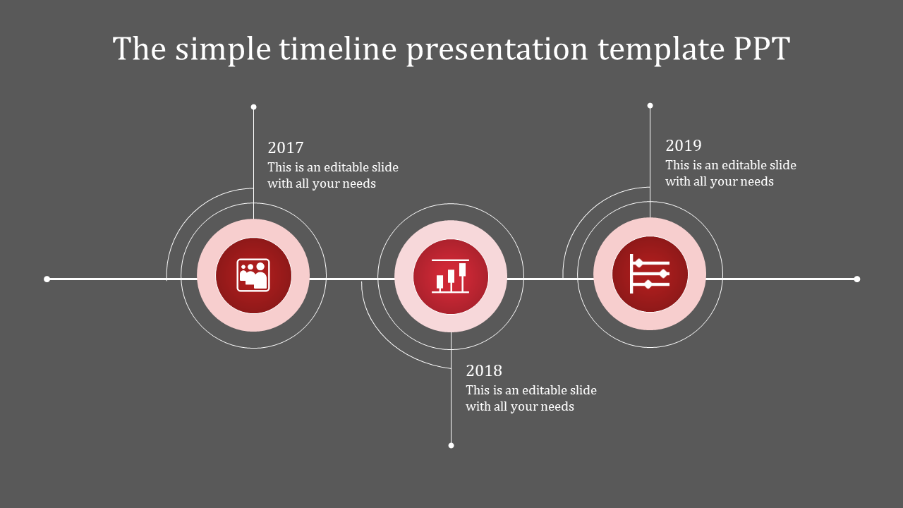 Minimalist timeline featuring three red circular nodes along a thin horizontal line, with alternating text descriptions.