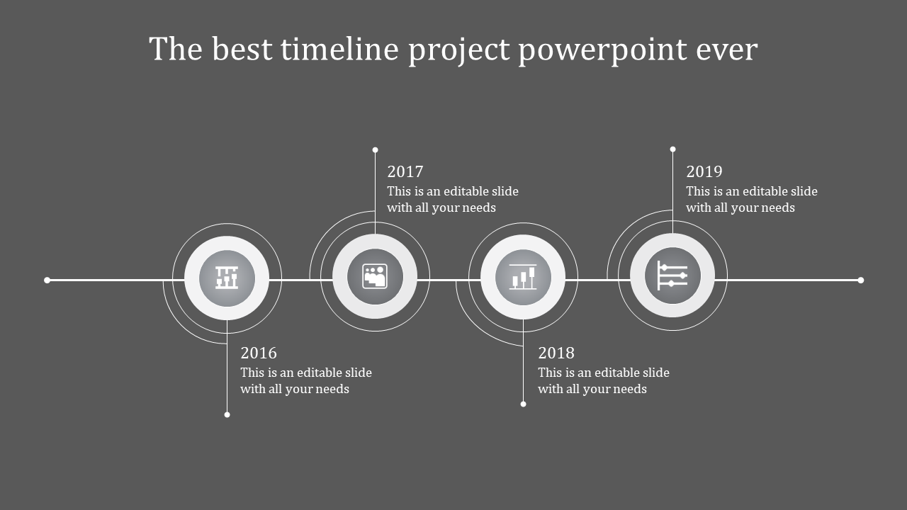 Minimalist horizontal timeline with four circular milestones, caption areas for 2016-2019 on gray background.
