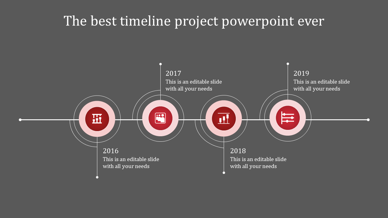 Horizontal timeline with red circular milestones, white icons, and milestone years from 2016 to 2019 on a gray background.