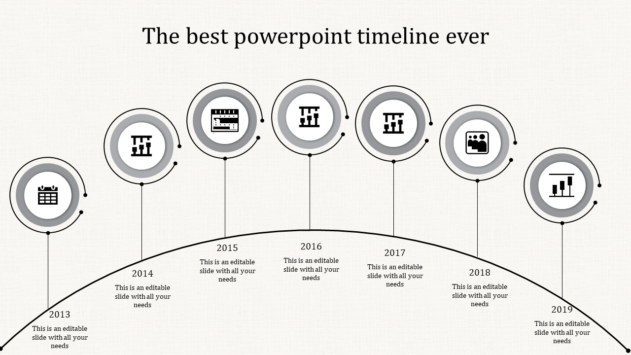 Monochrome arc shaped timeline with seven labeled steps, each containing a circular icon representing different stages.