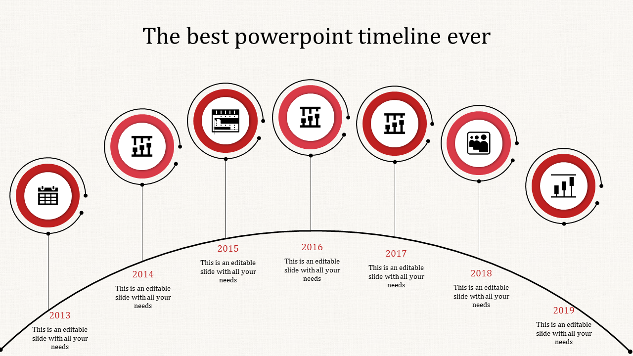 Minimalist curved timeline with seven evenly spaced red circles along an upward arc, displaying years and business icons.