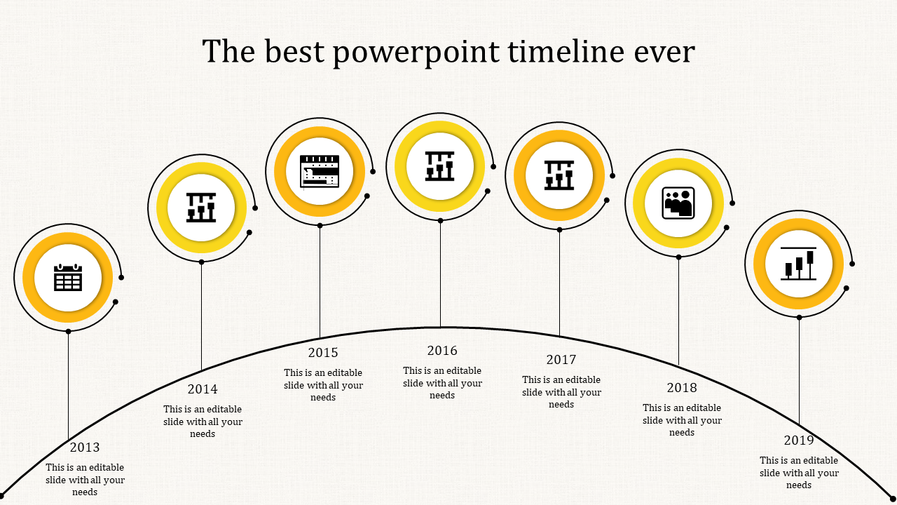Timeline with a semi circular layout, featuring seven yellow circular highlights, and text descriptions below each year.