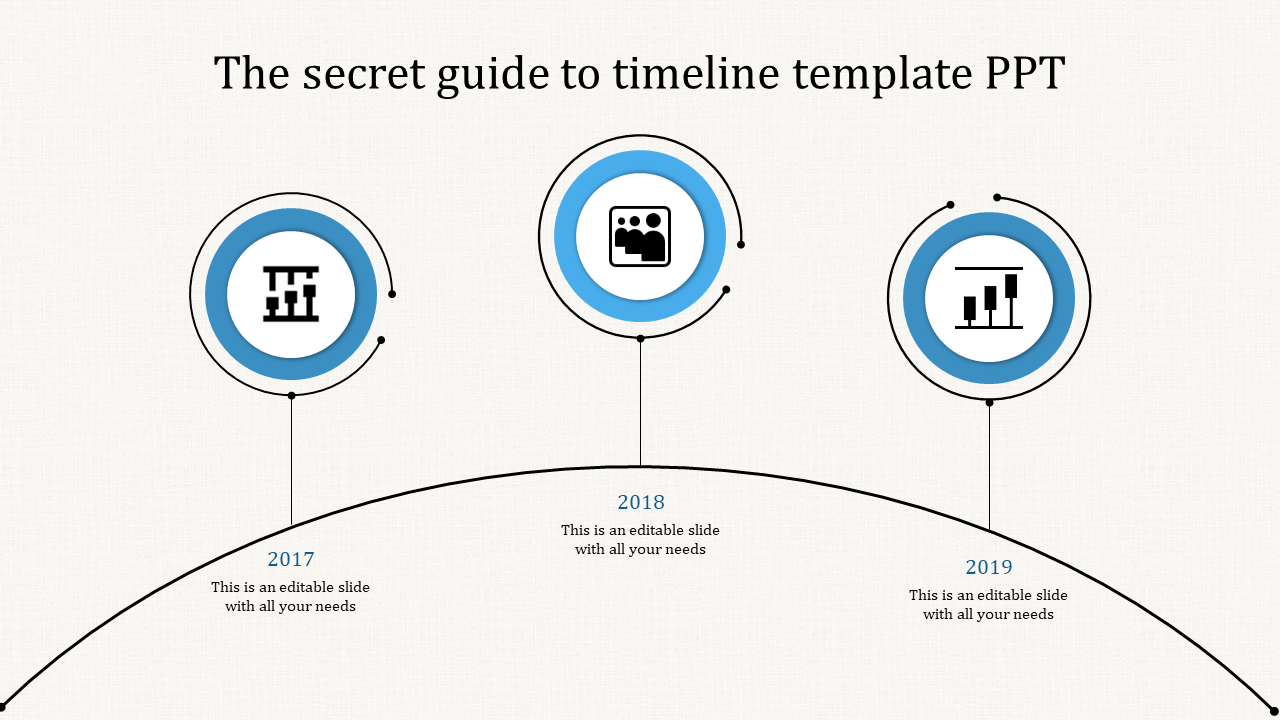 Simple blue accented timeline with circular nodes, icons, and text descriptions, illustrating milestones from 2017 to 2019.